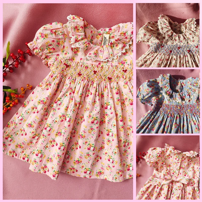 

2021 New Little Girls Smocked Floral Dress Baby Handmade Smock Clothes Toddler Girl Uk Princess Dresses Infant Boutique Vestidos