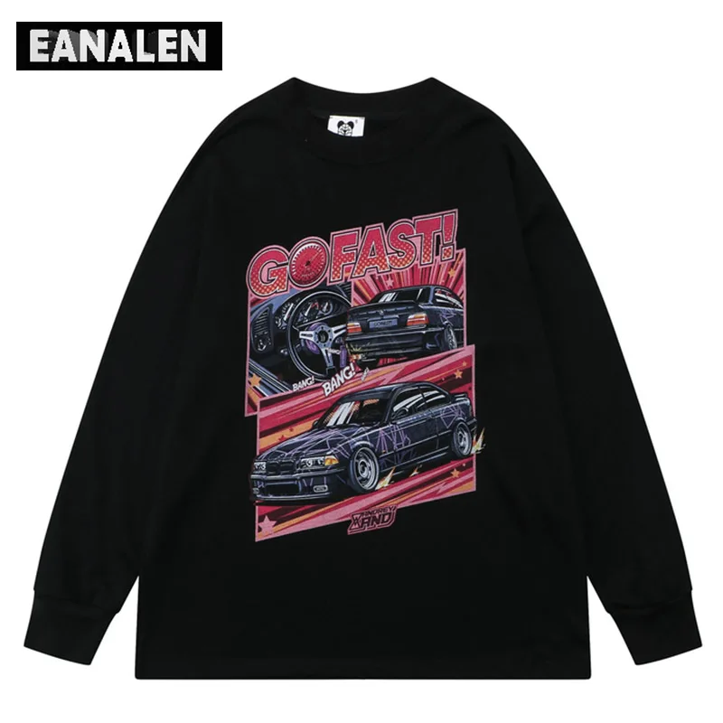 

Harajuku Vintage Black Red Car Graphic T-Shirt Men's Oversized Fashion Streetwear Rock Punk Gothic Long Sleeve T-Shirt Women's
