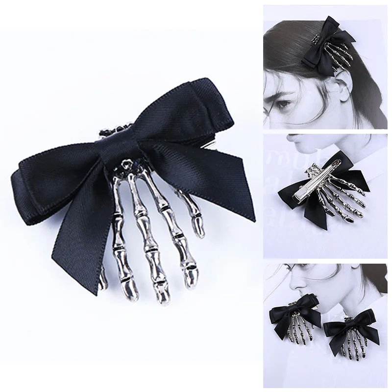 

1pc Black Ribbon Bowknot Skull Hand Hair Clip，Halloween Ghost Claw Black Butterfly Hairpin Hair Accessories,Cosplay Punk Headwea