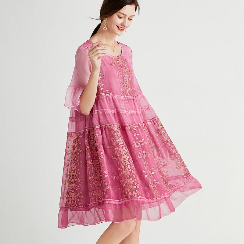 

2021 летнее платье для девочек с цветочной вышивкой шифоновое платье размера плюс свободные женские шею милое платье с пышной юбкой элегантн...