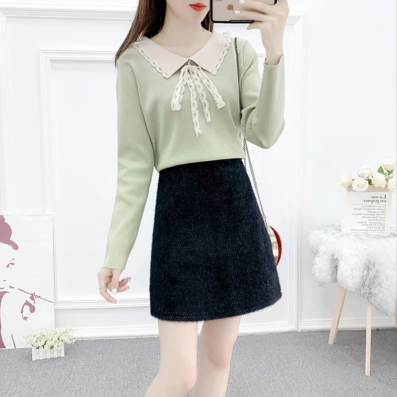 

Супер леди Милая юбка принцесса мода кружева сшитый свитер юбки Студенческая одежда комплект из 2 предметов для женщин вязаный костюм