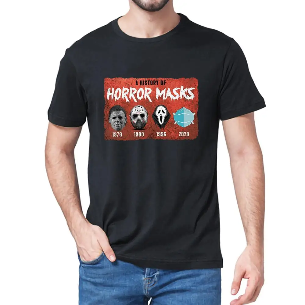 

A History of Horror Masks 1978 1980 1996 2020 Funny Horror Movies Halloween New Fashion Men T Shirt Cotton Gift women top tee