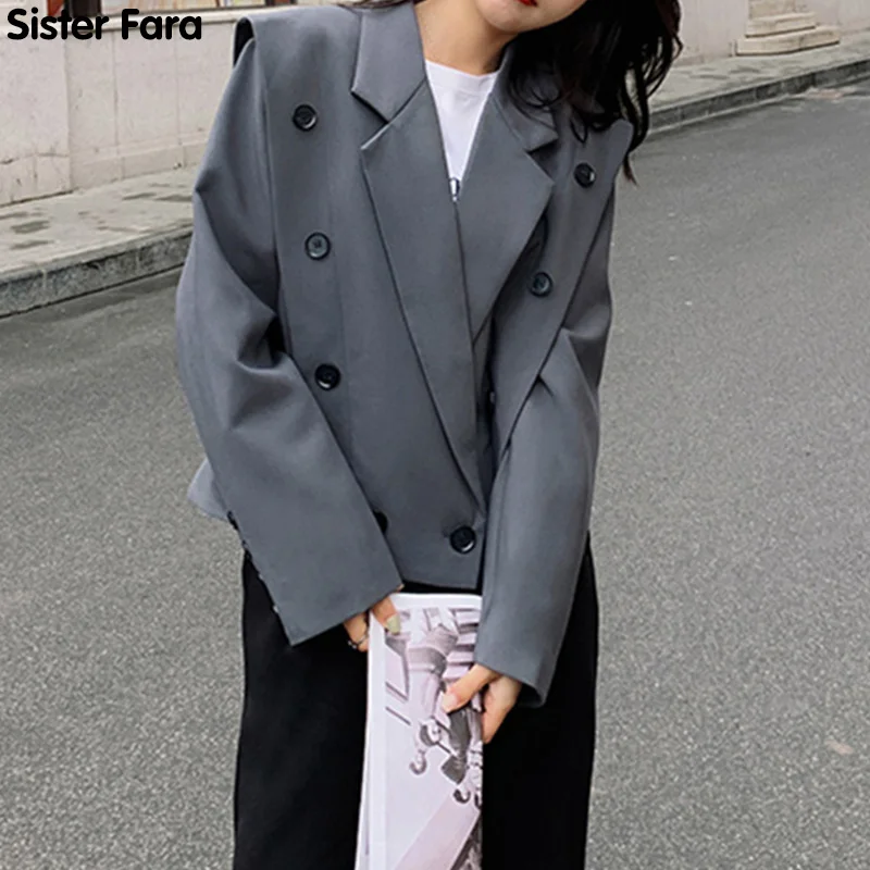 

Sister Fara Ladies Double Breasted Blazer Women's Spring Jacket Coat Short Notched Solid Chic Blazers Autumn Casual Women's Suit