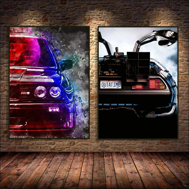 

Back To The Future Movie Classic Cool Car Poster Canvas Painting Blue Red Black Car Modular Fog Art Picture Living Room Decor