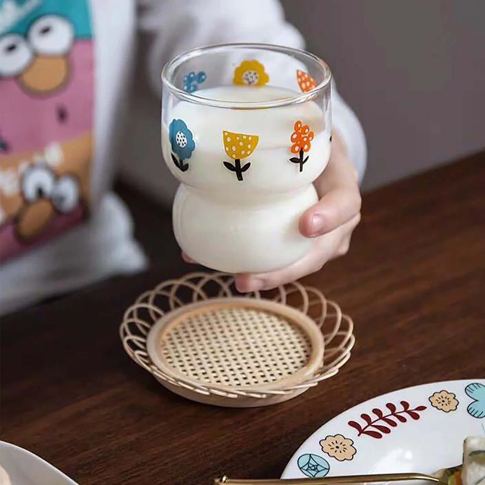 

1pc Natural Bamboo Hollow Tea Cup Coaster Placemat Cup Holder Dessert Plate For Home Kitchen Living Room