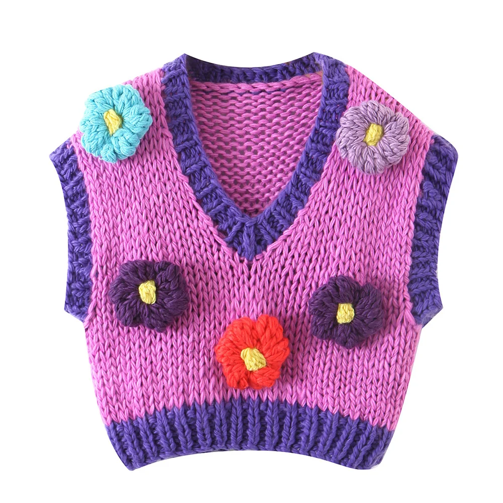 

BLSQR Contrast Color Crop Vest Women V-neck Elegant Fashion Casual Tops Female Vintage Chic Flower Pullover Vest Lady