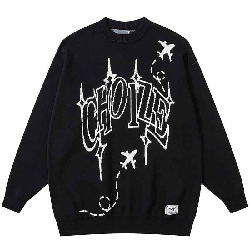 

Мужской вязаный джемпер в стиле оверсайз, повседневный Свободный пуловер в стиле хип-хоп с буквенным принтом самолета, уличная одежда в сти...