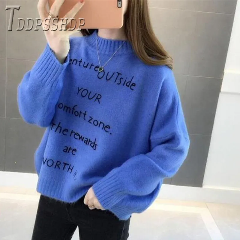 

2019 English Alphabet Knitting Women Sweater Lazy Style Winter Bottoming Female Sweaters