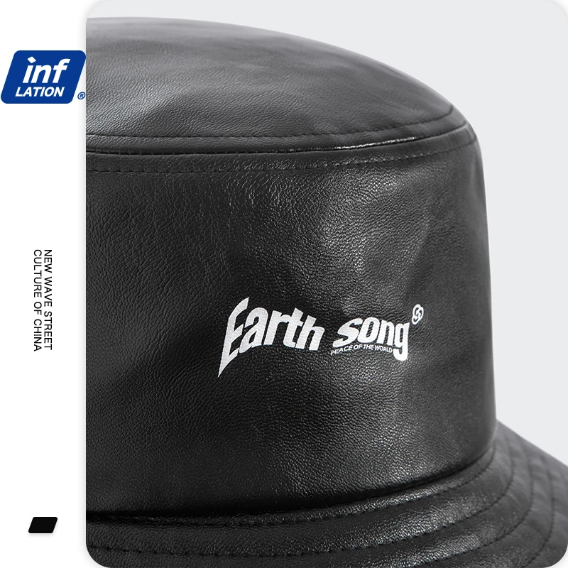 

INFLATION Men PU Leather Fisherman Hat Streetwear 2020 Fashion Outdoor Sun Hat With Belt Men Letter Hip Hop Bucket Cap Men 232CI