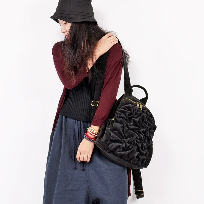 Женский оригинальный бархатный рюкзак с драпировкой ручной работы школьная