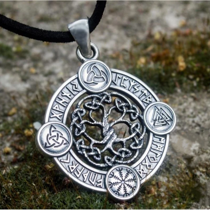

Celtic Tree of Life Round Pendant Leather Cord Necklace Viking Rune Amulet Men's Necklace Pendant