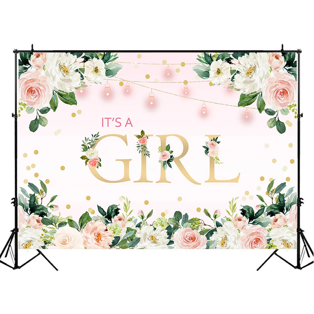

MOCSICKA Its A Girl Baby Shower Backdrop Photography Pink Flower Green Leaf Birthday Photo Background Decor Photo Shoot Studio