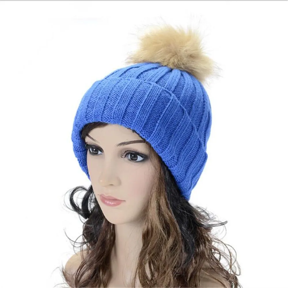 Женские яркие зимние вязаные шапочки из искусственного меха енота и кроличьего с