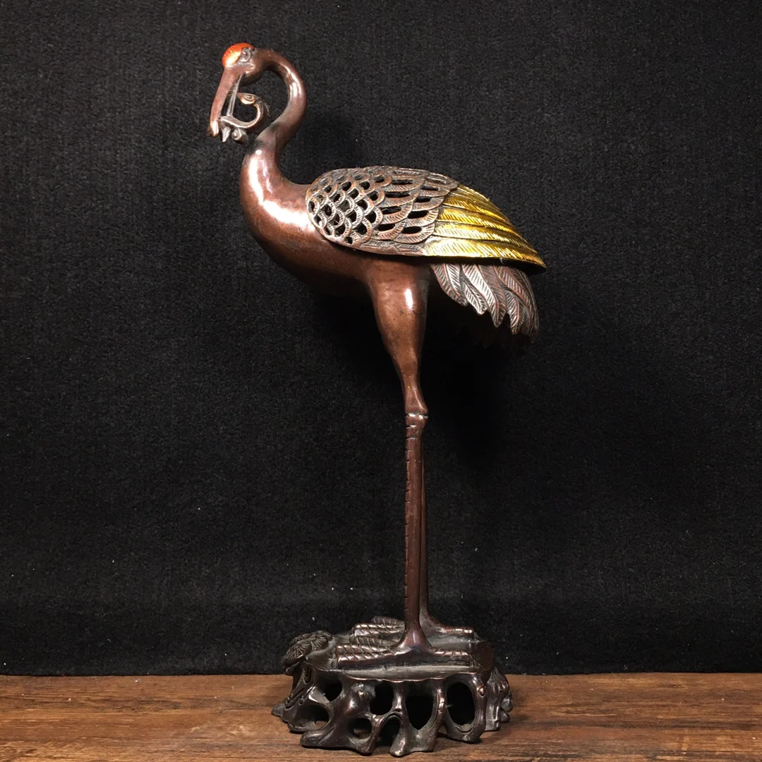 

Китайская народная коллекция, 14 дюймов, старый Бронзовый циннавар, позолоченный желтоватый журавль, журавль с красной короной, курильница, ...