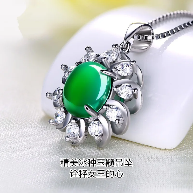 Ожерелье с подвеской из натурального зеленого нефрита серебро 925 пробы жадеит