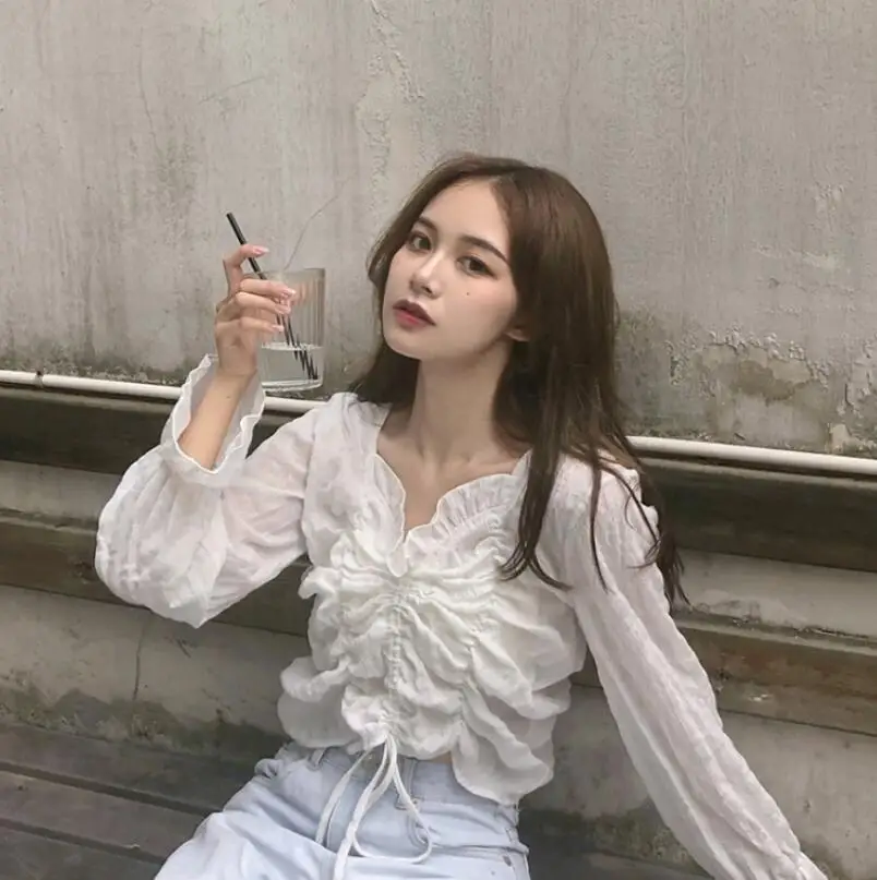 Женские блузки на весну и лето белая рубашка с буфами рукавах рюшами завязках