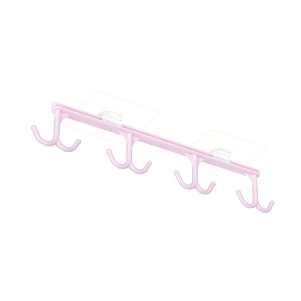 Pink 8 Row Hooks Ceiling Hanging Rack Hook Wall Paste Plastic Hook Kitchen Cups Cooking Shovel Storage Hook Wardrobe Ties Towels Hook - Color: Pink