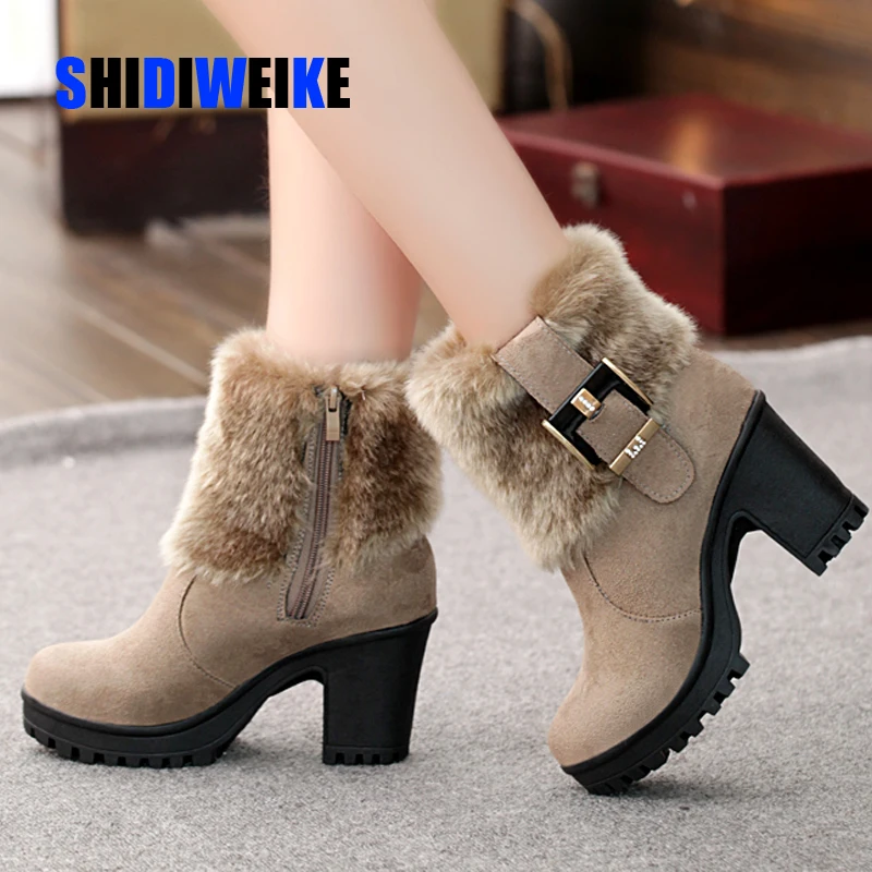 Женская зимняя обувь на квадратном каблуке классические теплые зимние женские