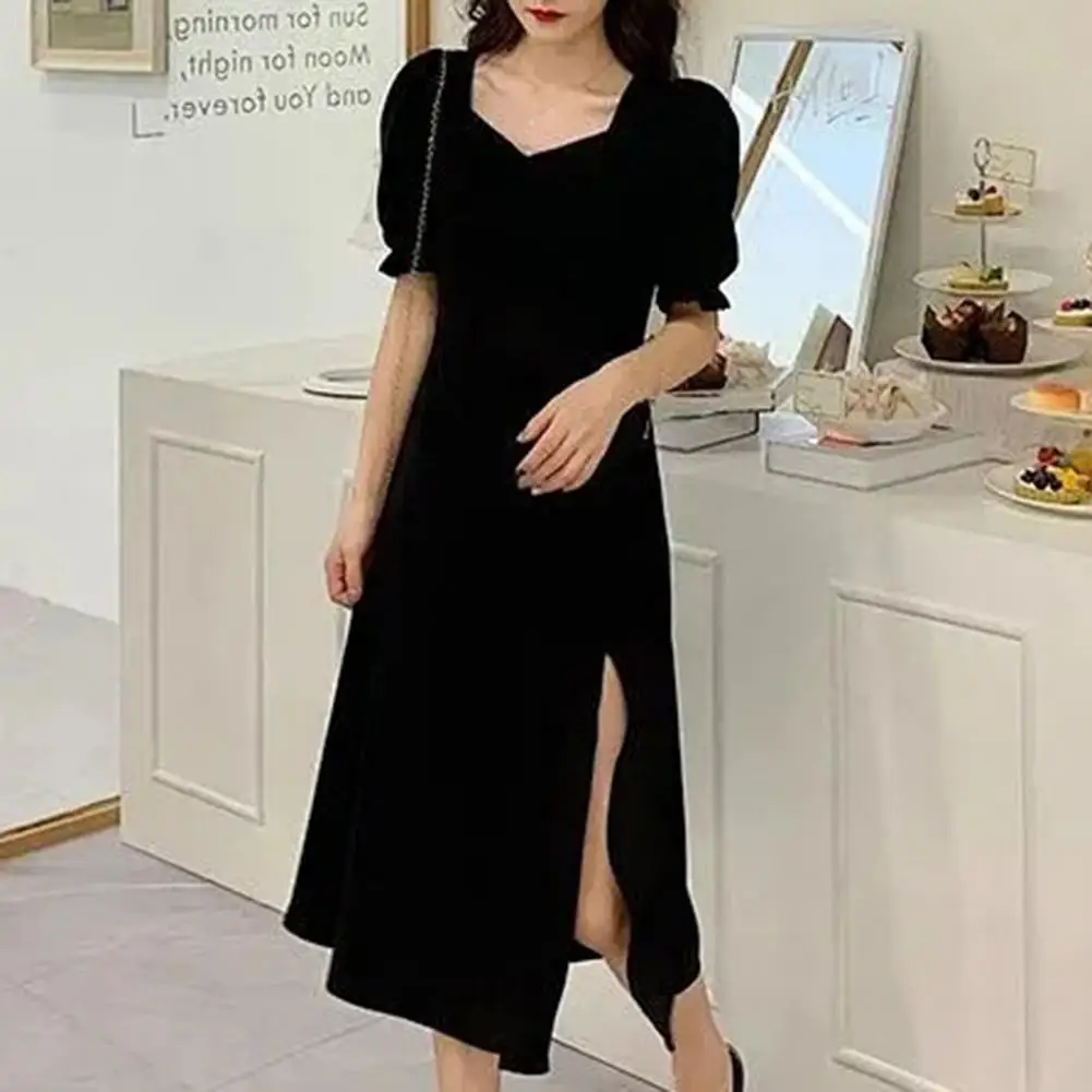

Women Dress Square Neck Puff Sleeves Leg Slits Design Polyester French Style Sexy Summer Dress for Date Elegant Black Dress 202