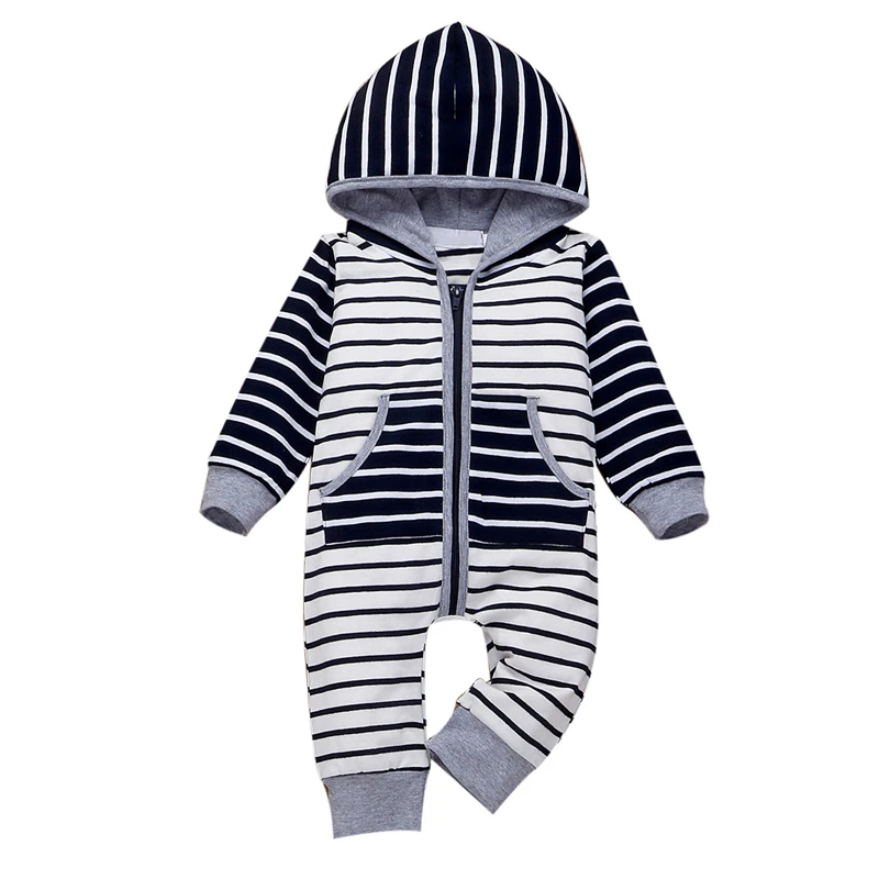 Baby Spring Autumn Clothing Toddler Kid Boys Striped Hooded Romper Jumpsuit Clothes Pocket Patchwork Outfits |