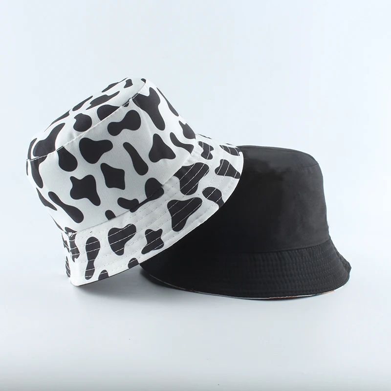 2020 New Fashion Korean Pink Cow Print Bucket Hat Women Reversible Fishing Cap Bob Chapeau Autumn Summer