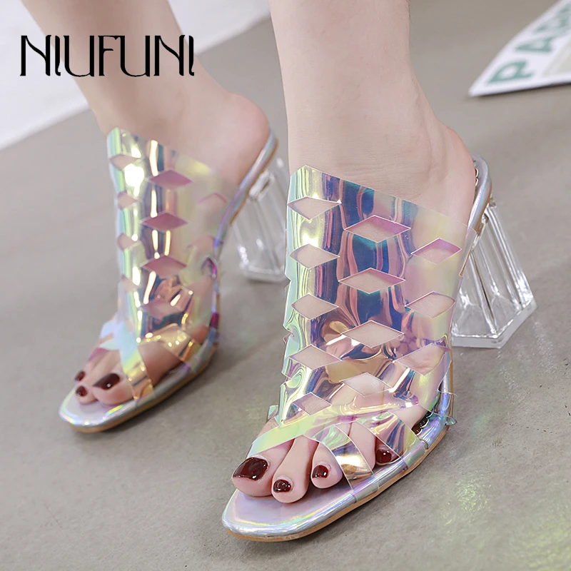 

Peep Toe Hollow Transparent Women's Slippers 2020 Summer New Arrival Crystal High Heels Sandals Women Casual Slides NIUFUNI