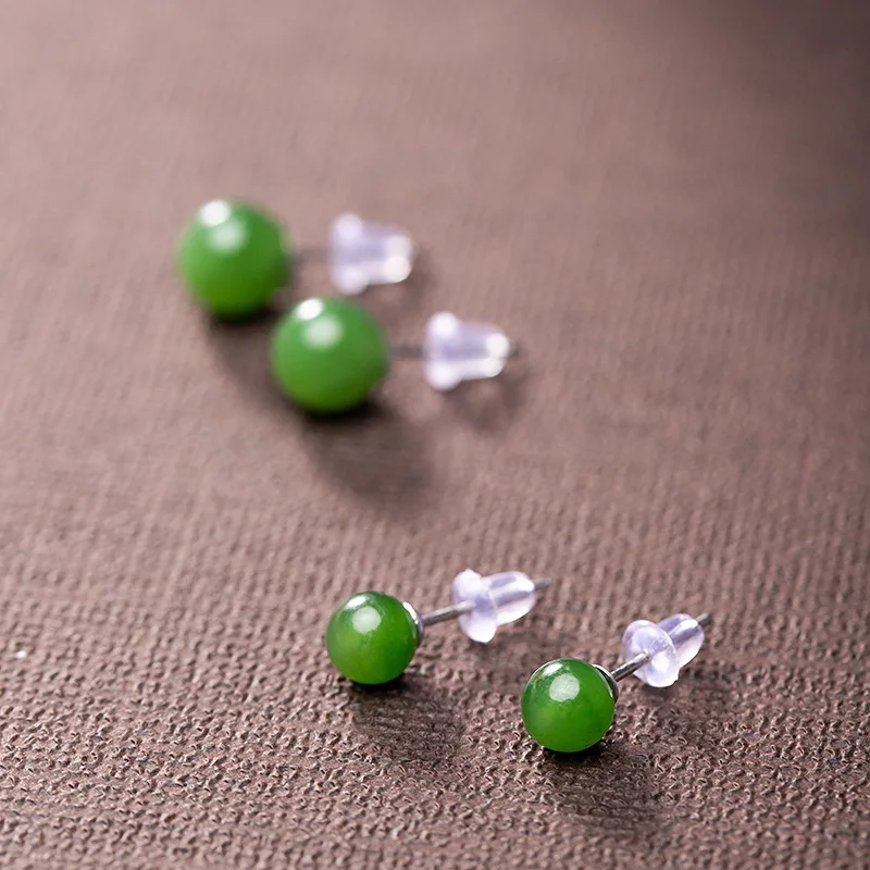 

S925 Sterling Silver Women Ear Studs Nephrite Stone Carving Round Green Ball Earrings Fine Jewelry