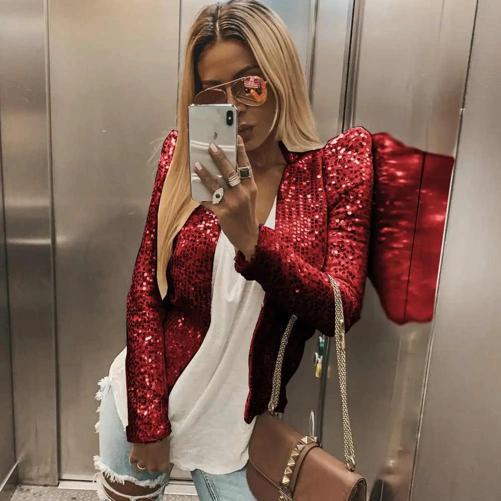 Women Ladies Solid Sequined Sexy Casual Coat Jacket Slim Bodycon Suit Collarless Open Stitch | Женская одежда