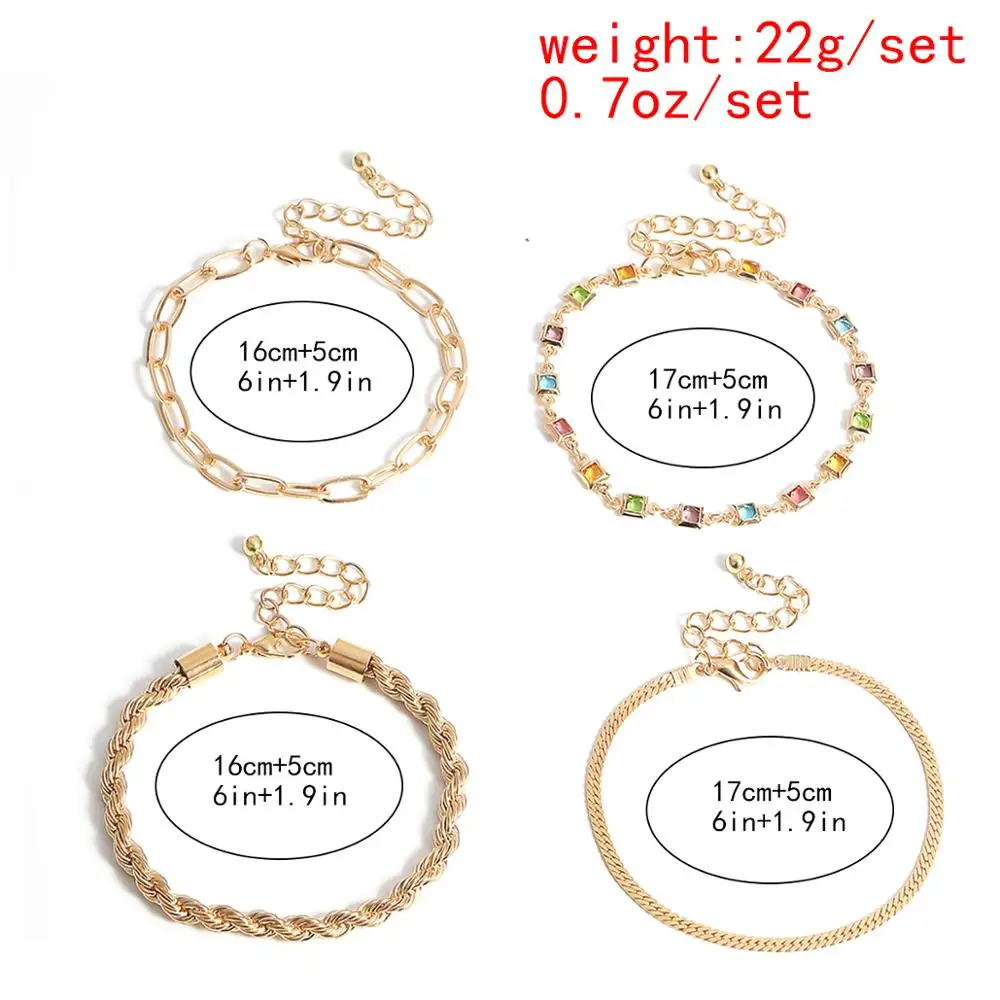 

Punk Rainbow Rhinestones Smooth Chain Bracelets Set Women Vintage Boho Twisted Crystal Snake Link Bangle Friends Hand Jewelry