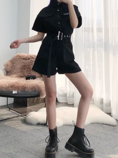 

Mothybot Black Gothic Motorcyclist Jumpsuit Shorts Set