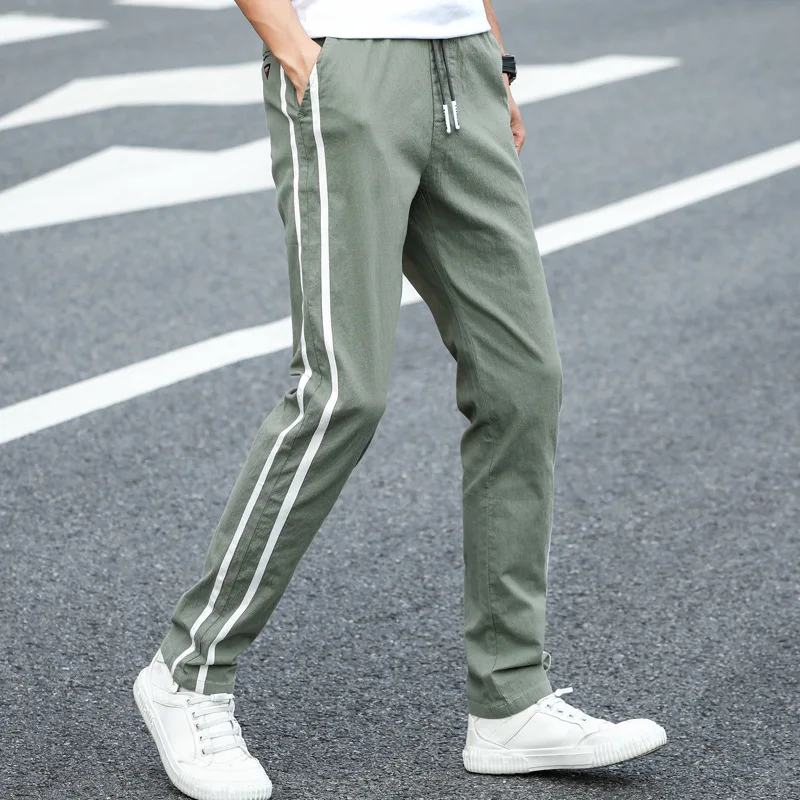2019 Summer Thin Youth BOY'S Straight-Cut Pants Korean-style Striped Slim Fit Lace-up Casual Men's |