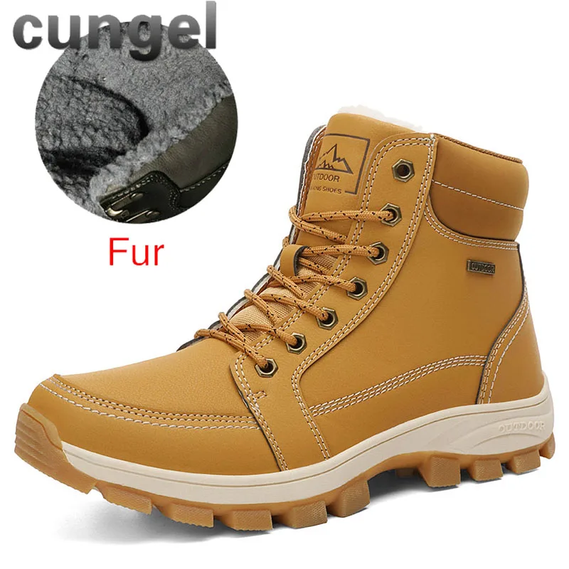 9718-yellow CUNGEL/зимние теплые мужские ботинки; мужские зимние ботинки из натуральной кожи с мехом; водонепроницаемые рабочие ботильоны ручной работы; мужская обувь с высоким берцем - Цвет: 9718-yellow