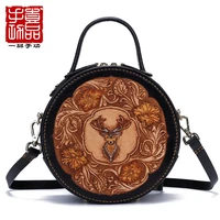 luxury womens bag hand bag hand made leather carving first layer leather slung deer head retro cool small round bag