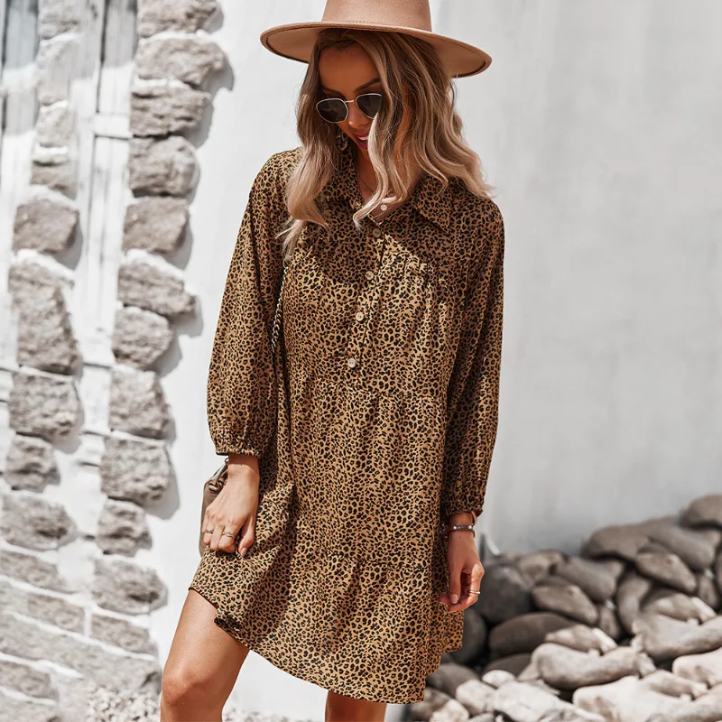 

Leopard Print Mini Dresses for Women 2021 LooseSingle-breasted Casual Dress Autumn Long-sleeved Woman Dress Plus Size Dress