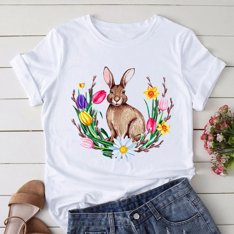 

WK Women T-shirts Happy Easter Letter T Shirt Women Summer Tops Street Style Woman Tshirts Lady Femme Kawaii