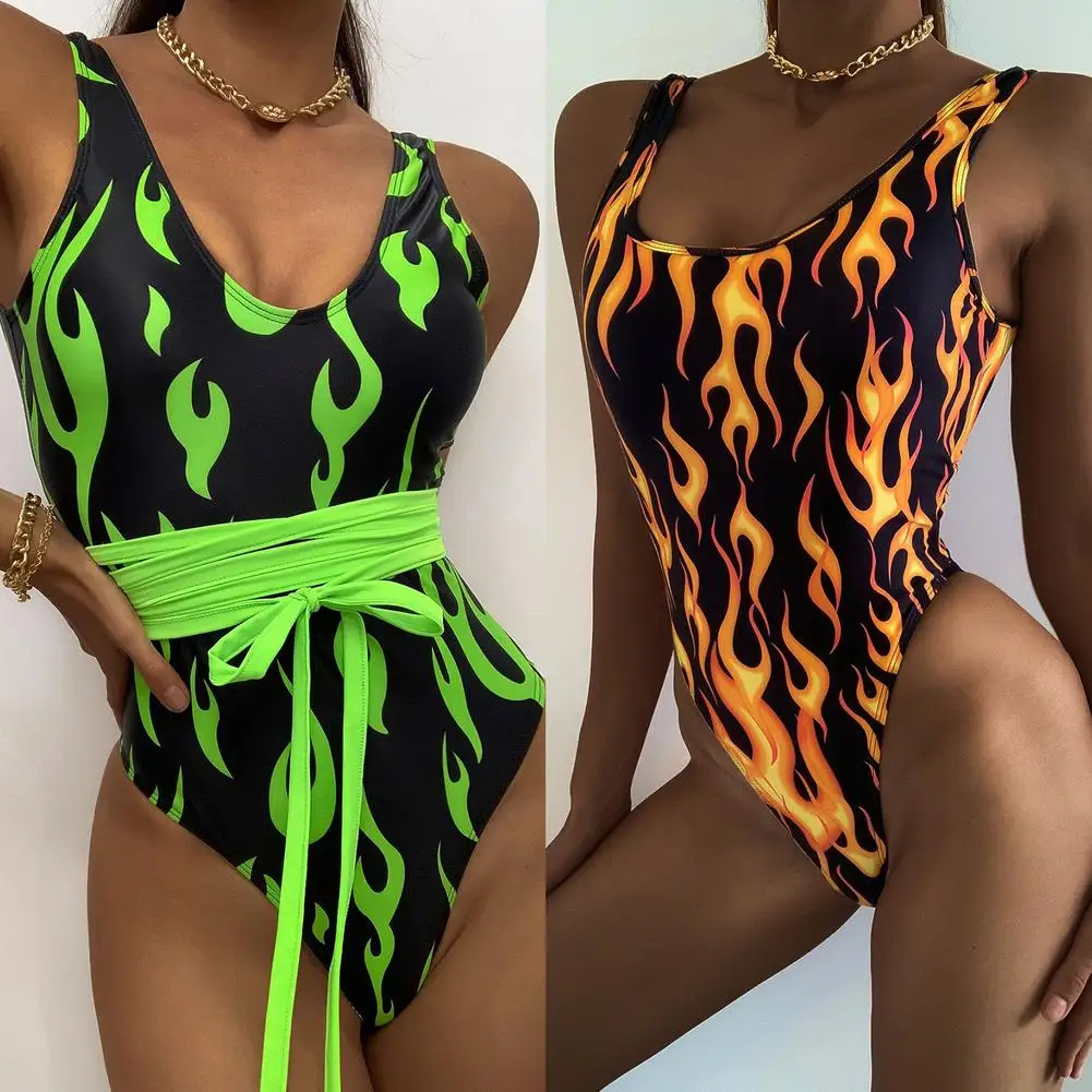 

Swimsuit For Women Tummy Control Sexy One Piece Bikini Sleeveless U-neck Swimwear Bathing Suit Tropical Vacation Beach Summer