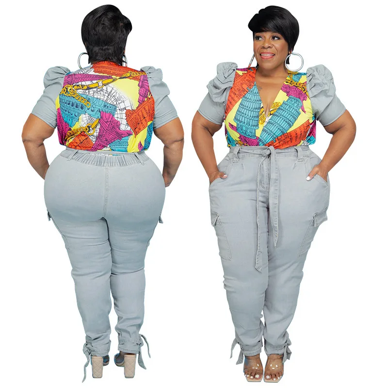 

SHZQ Plus Size Two Piece Sets Women 2021 Autumn Colorful Printing V-neck Puffy Sleeve Tops Sashes Lace-up Jeans Casual Denim Sui