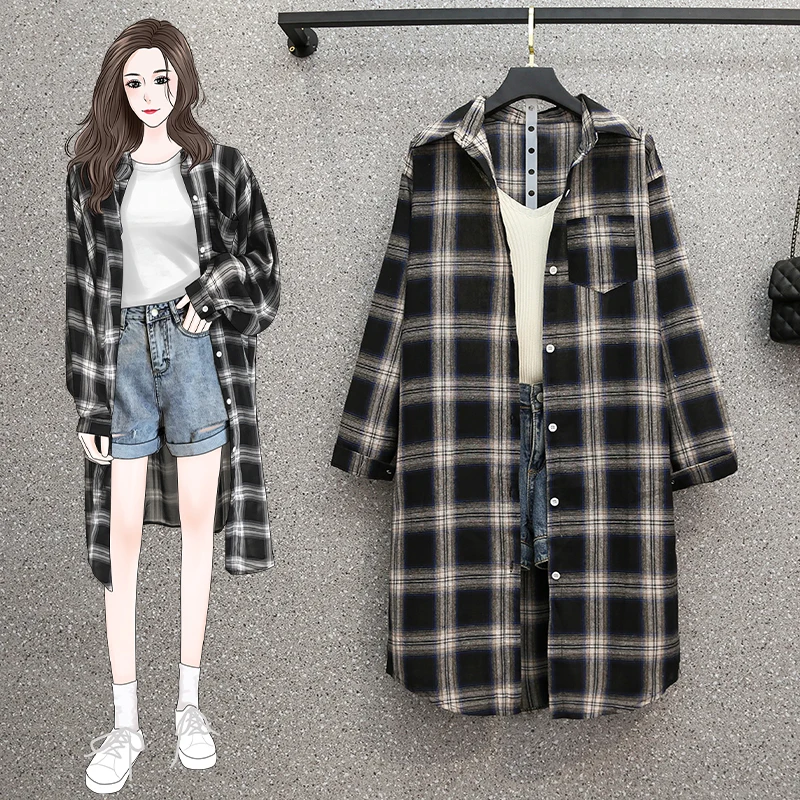 

Oversized Plaid Shirt Women's Mid-Length Long-Sleeved Casual Retro Jacket Women's Loose Cotton Jacket Autumn New Style