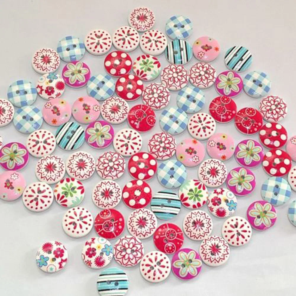 100Pcs 2 отверстия смешанная печать круглые деревянные пуговицы для скрапбукинга 15