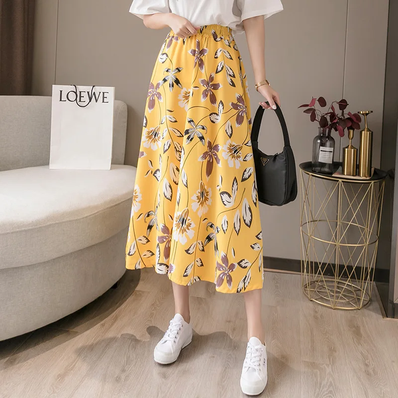 

JDJXJN Flower Print A-line Elastic High Waist Long Skirt For Women Fashion Clothing Chiffon Skirts Female Summer New DJ007