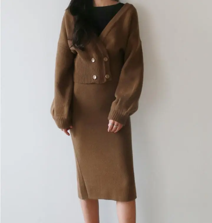 Two Pieces Loose warm winter Women Sweaters Skirts Solid puff Sleeve Female Woman Knitted girls Sweater Tops Mi-long Skirt |