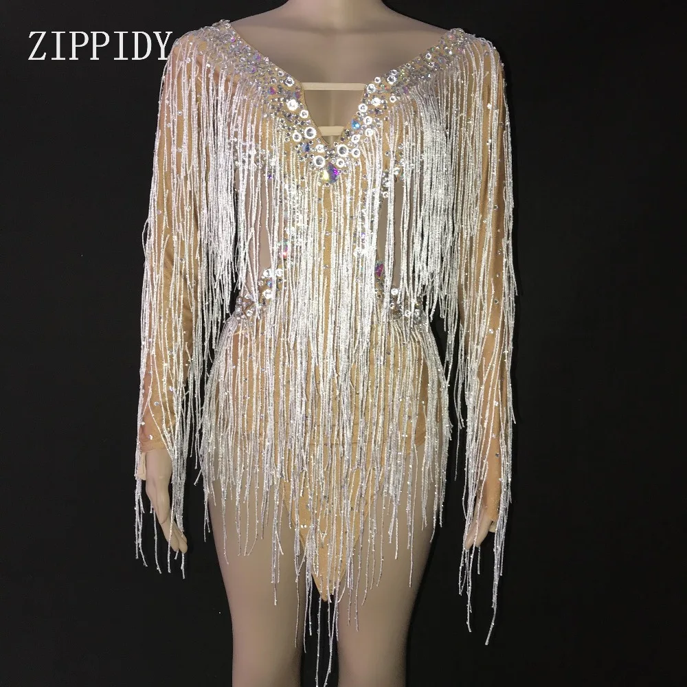 Откровенное Серебряное платье стразы с бахромой одежда для латиноамериканской
