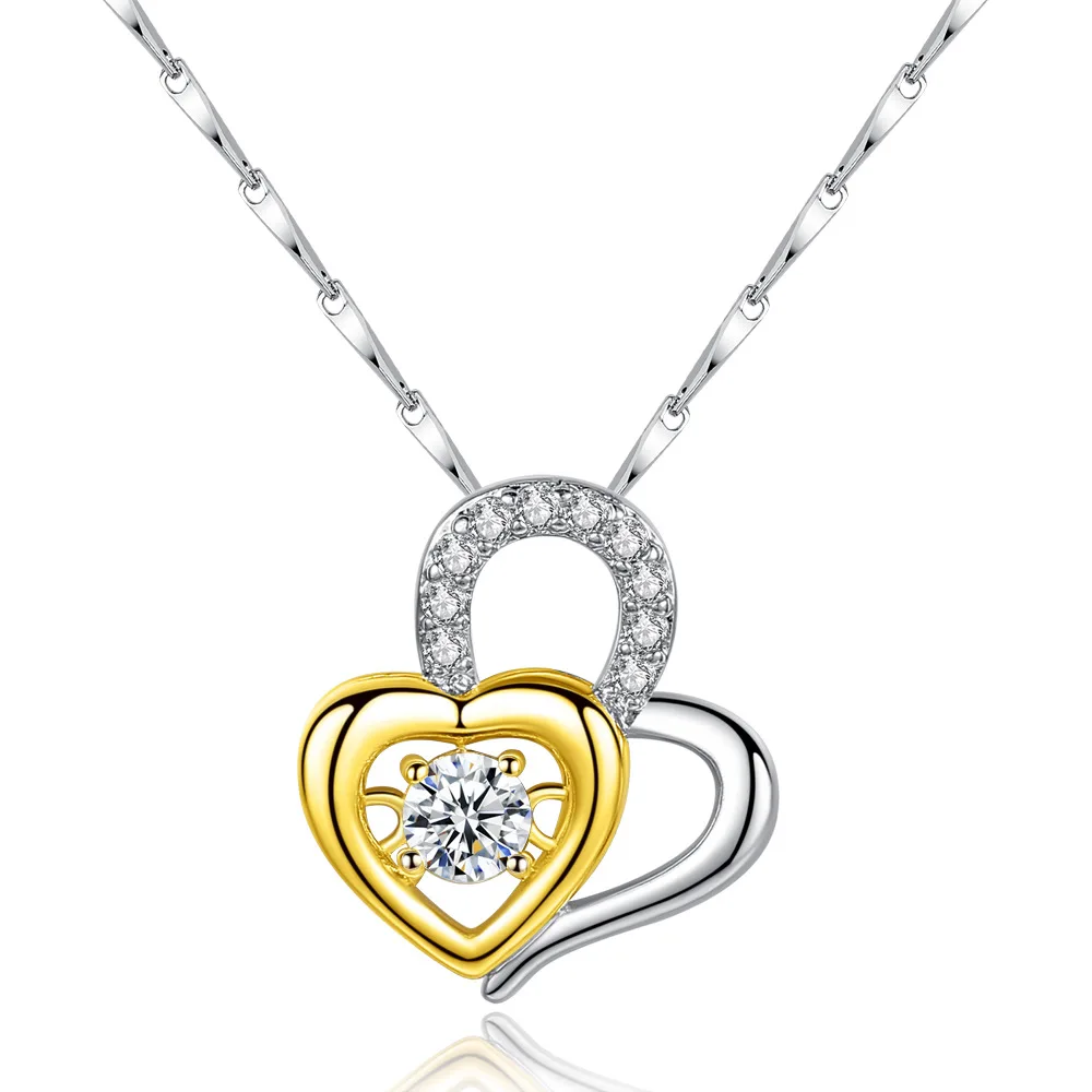 Ожерелье кулон серебро металл двойное сердце форма Rhinstone кристалл День Святого