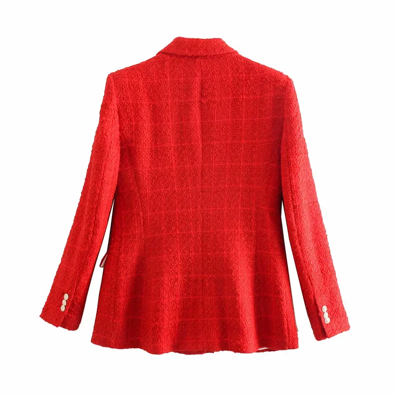 

PUWD Elegant Woman Red Tweed Blazer Coat Fad Spring Vogue Ladies Double breasted Jacket Female Vintage Streetwear Outwear