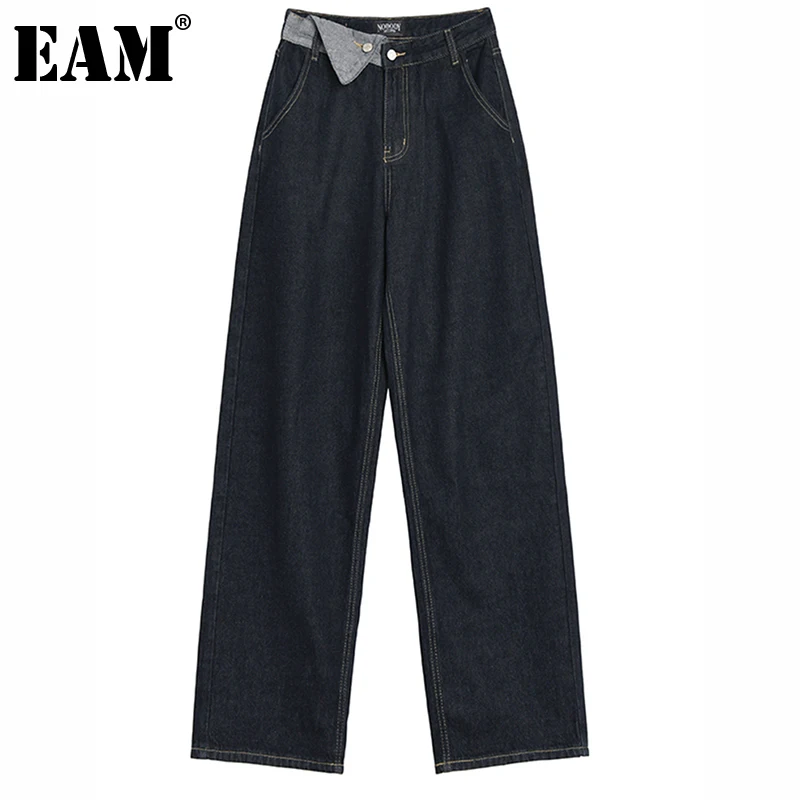 

[EAM] синие джинсы с высокой талией, Длинные повседневные джинсы с широкими штанинами, новые свободные женские брюки, модные демисезонные 2021 ...