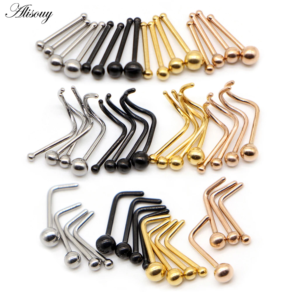 Alisouy 1PC 1.5/2/2.5/3mm 20G Nose Stud Steptum Nose Studs Hooks Stainless Steel Bar ball Pin Nose Rings Body Piercing Jewelry