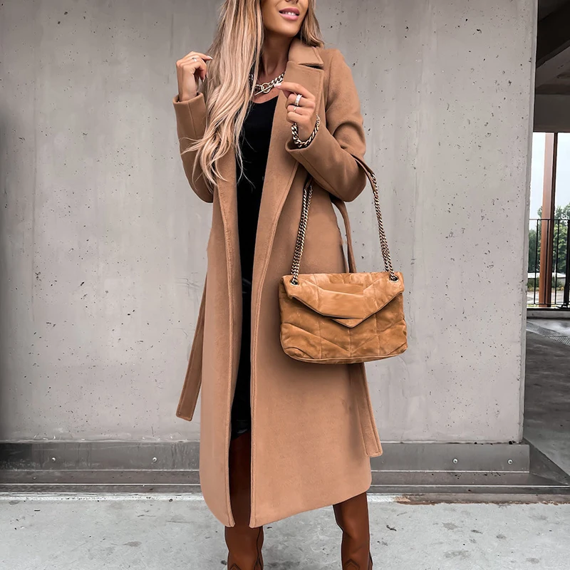 

Осенний длинный кардиган на шнуровке с поясом, зимний однотонный топ с длинным рукавом, Женская Повседневная простая шерстяная куртка с отл...