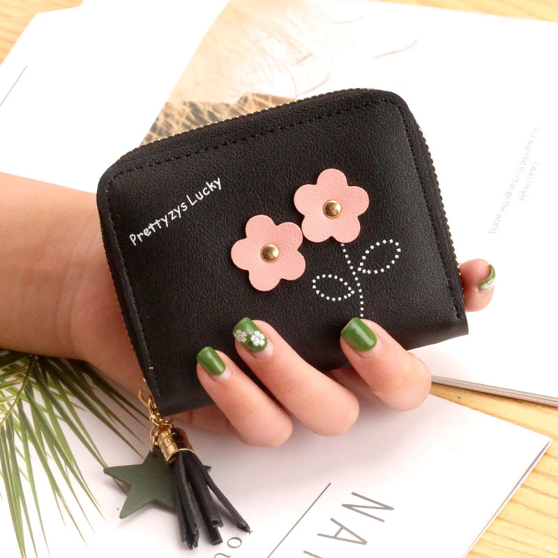 

Women Flower Tassel Zipper Wallets Female Short Cute Style Coin Purses Ladies Hot Sale Solid Color Mini Card Holder Clutch Bag
