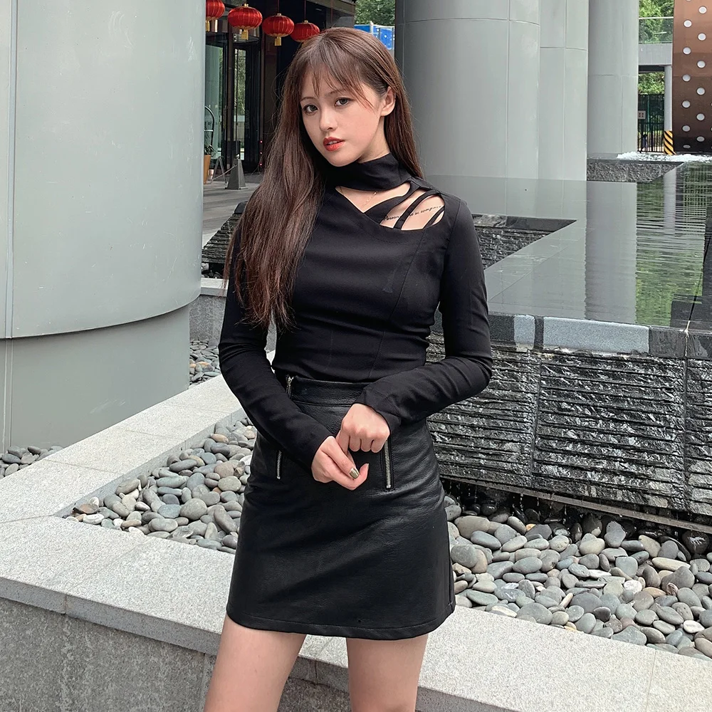 Осень 2019 полый черный водолазка футболка женская тонкая стильная хорошего