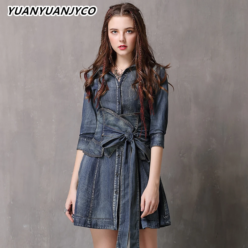 

YUANYUANJYCO Autumn Spring Women Mini Indie Folk Denim Dresses LYQ45 Vintage A-Line Half Sleeve High Waist Belt Short Clothes